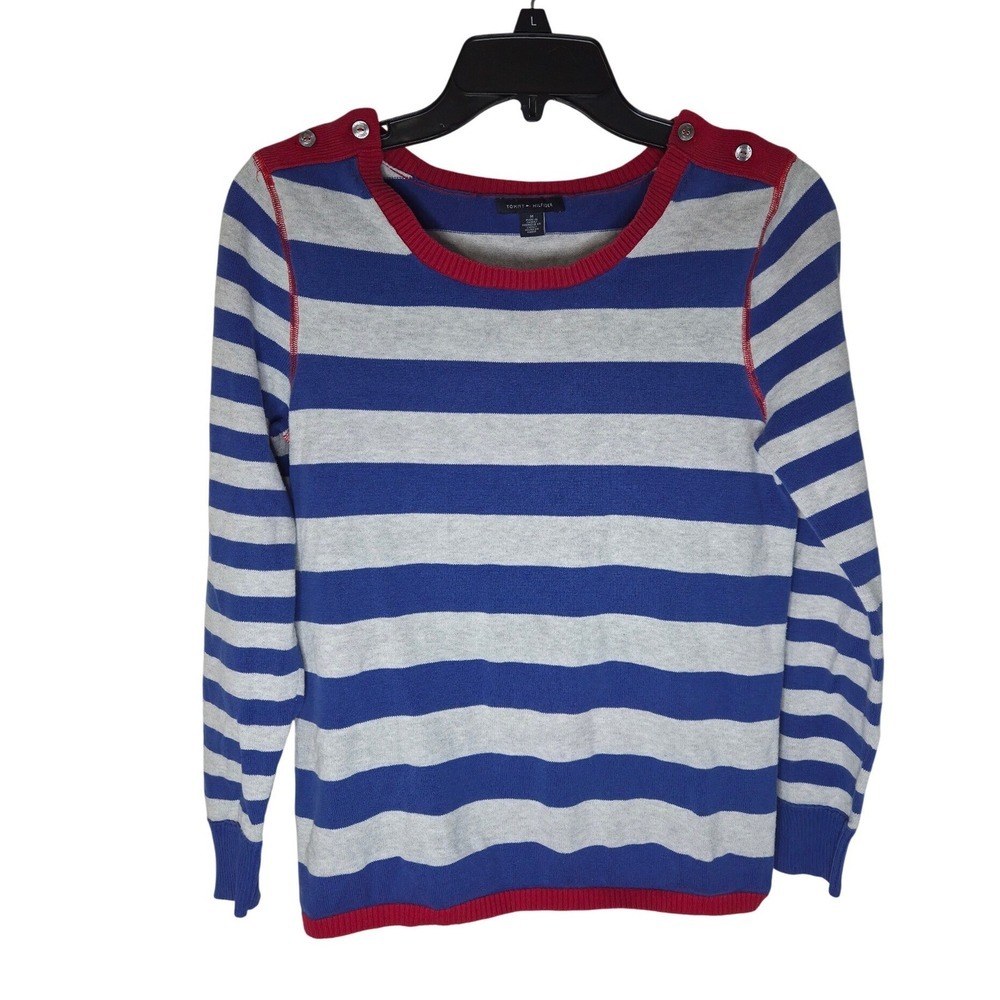 Tommy Hilfiger Blue Striped Nautical Sweater Women's Preppy Shoulder Buttons, M